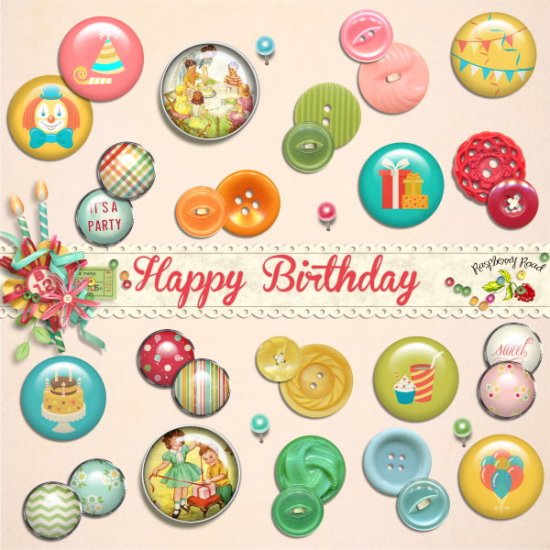 Happy Birthday Button & Brads - Click Image to Close